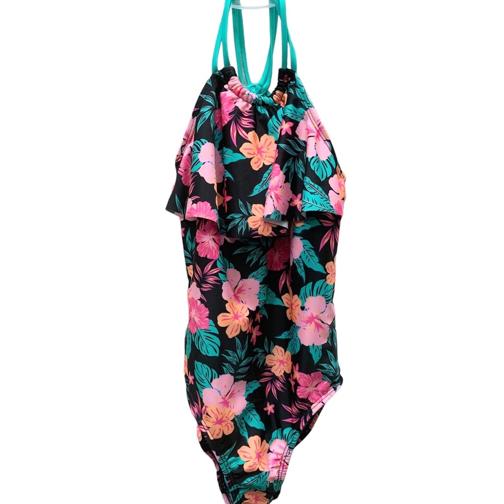 Girls Floral Multicolored Halter One Piece Swimsuit Size 6